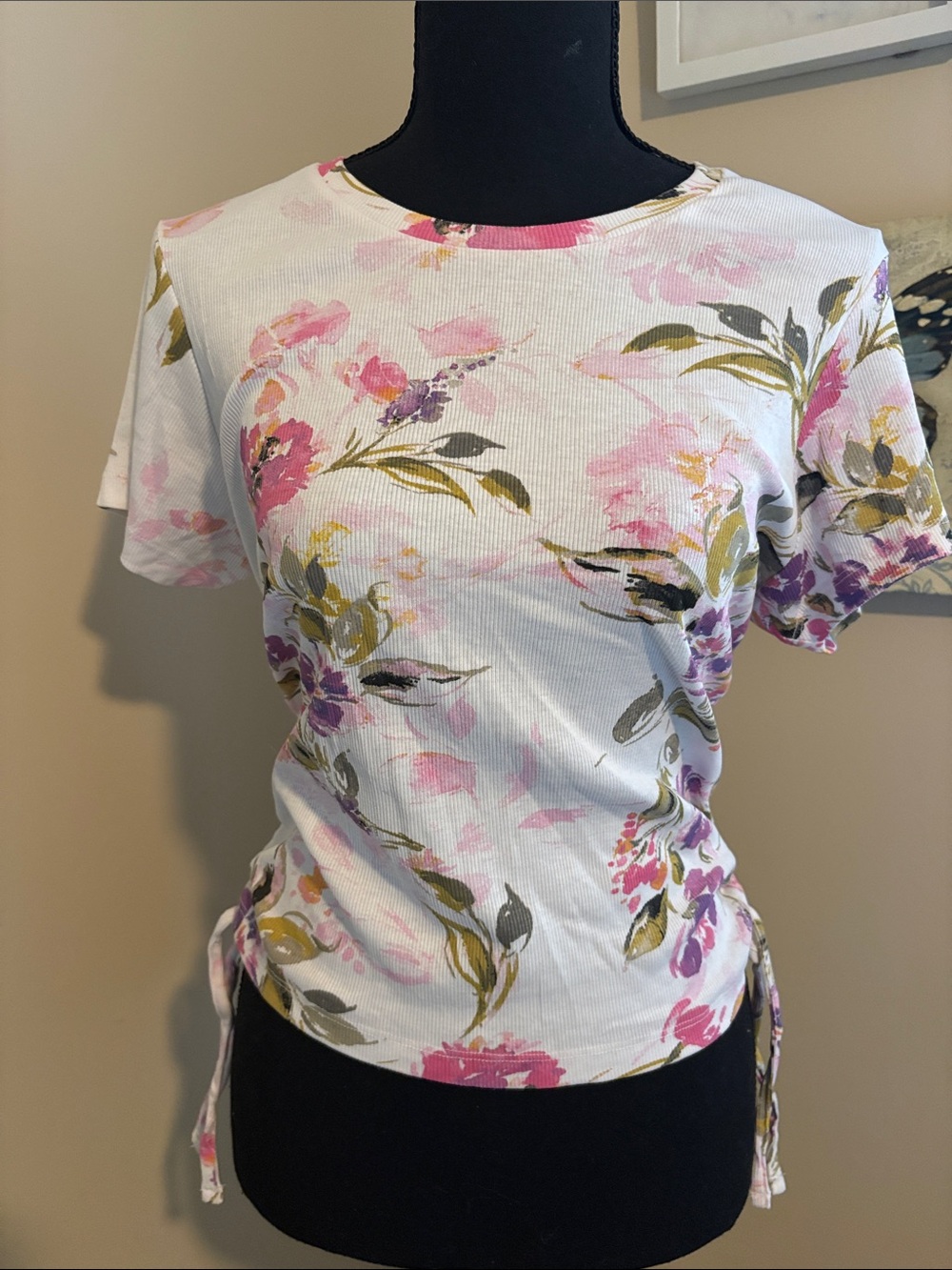 Guess Floral Ribbed Short Sleeve Tie-Side Top in White, Pink & Olive